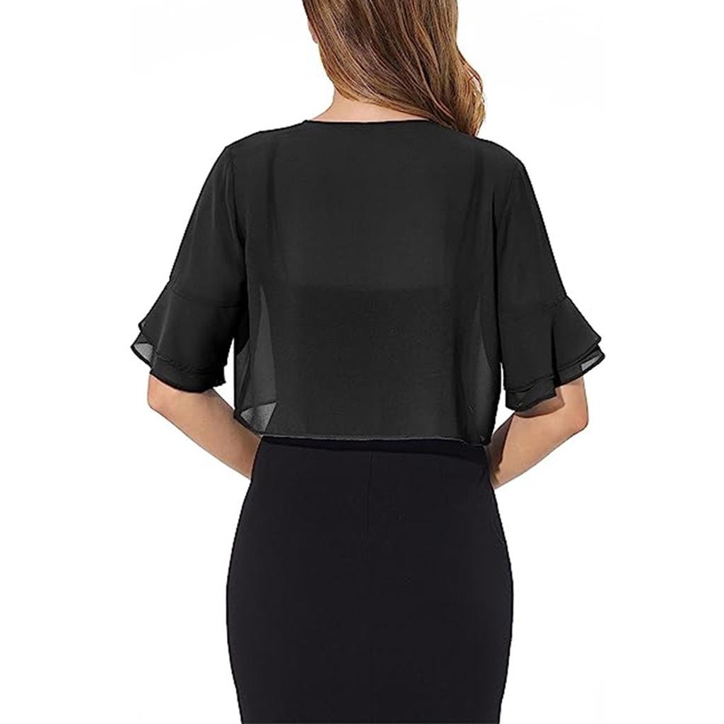 Women's Fashion Casual Summer Cardigan Half Open Collar Ruffle Sleeve Short Sleeve Coats And Tops