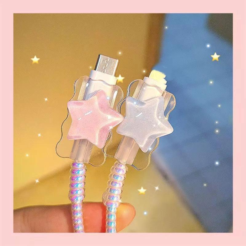 Kawaii Cute 3D Star Love Heart Wave Border Y2K Usb Protector Cover For Iphone 18/20W Data Line Head Cord Fast Charging Case
