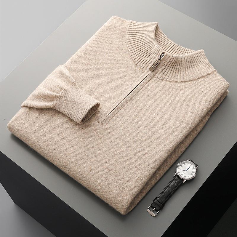 Men's 100% Pure Wool Half-Zip Sweater - Thickened Knit Base Layer for Autumn and Winter