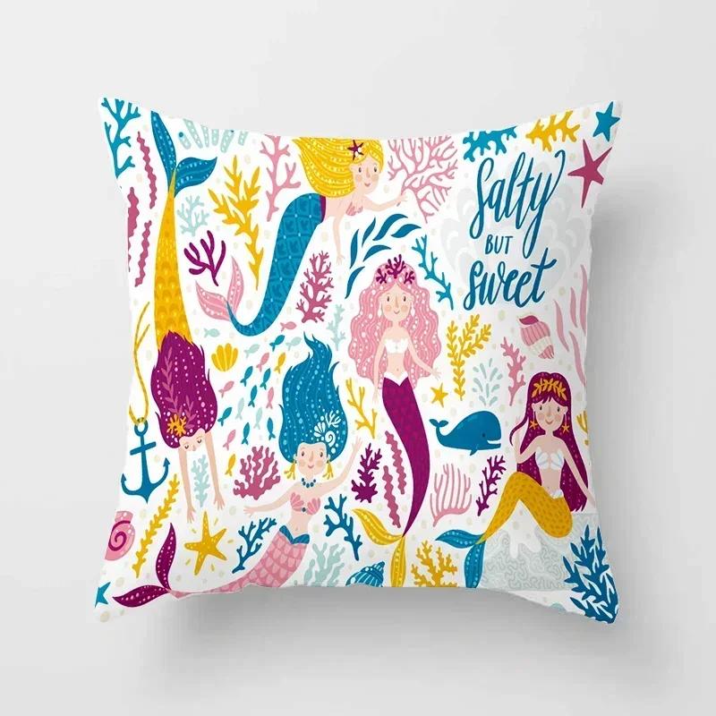 Cartoon Mermaid Decorative Cushions Pillowcase Polyester Cushion Cover Throw Pillow 45*45 Sofa Decoration Pillowcover