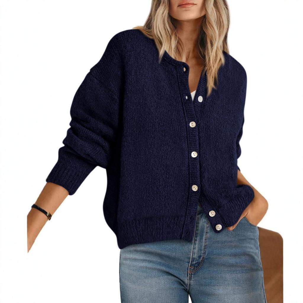 VEZFAA Moda feminina casual outono inverno cor sólida estampa manga comprida gola redonda suéteres