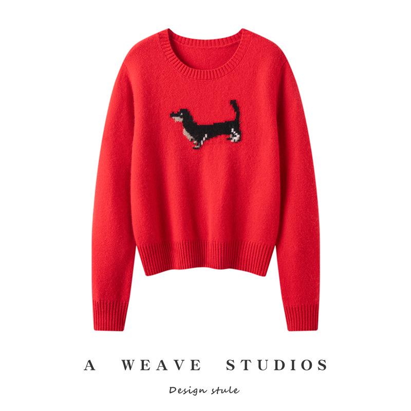 Women's Korean Style Black Dog Jacquard Cashmere Knit Sweater - Slimming, Warm, and Loose Fit for Autumn/Winter