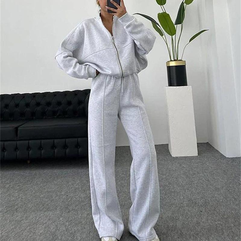 Sweatshirt Two-piece Suit Women's Casual Sets Loose Zipper-up Short Jacket Tops Straight Trousers Sports 2-piece Sets Lady