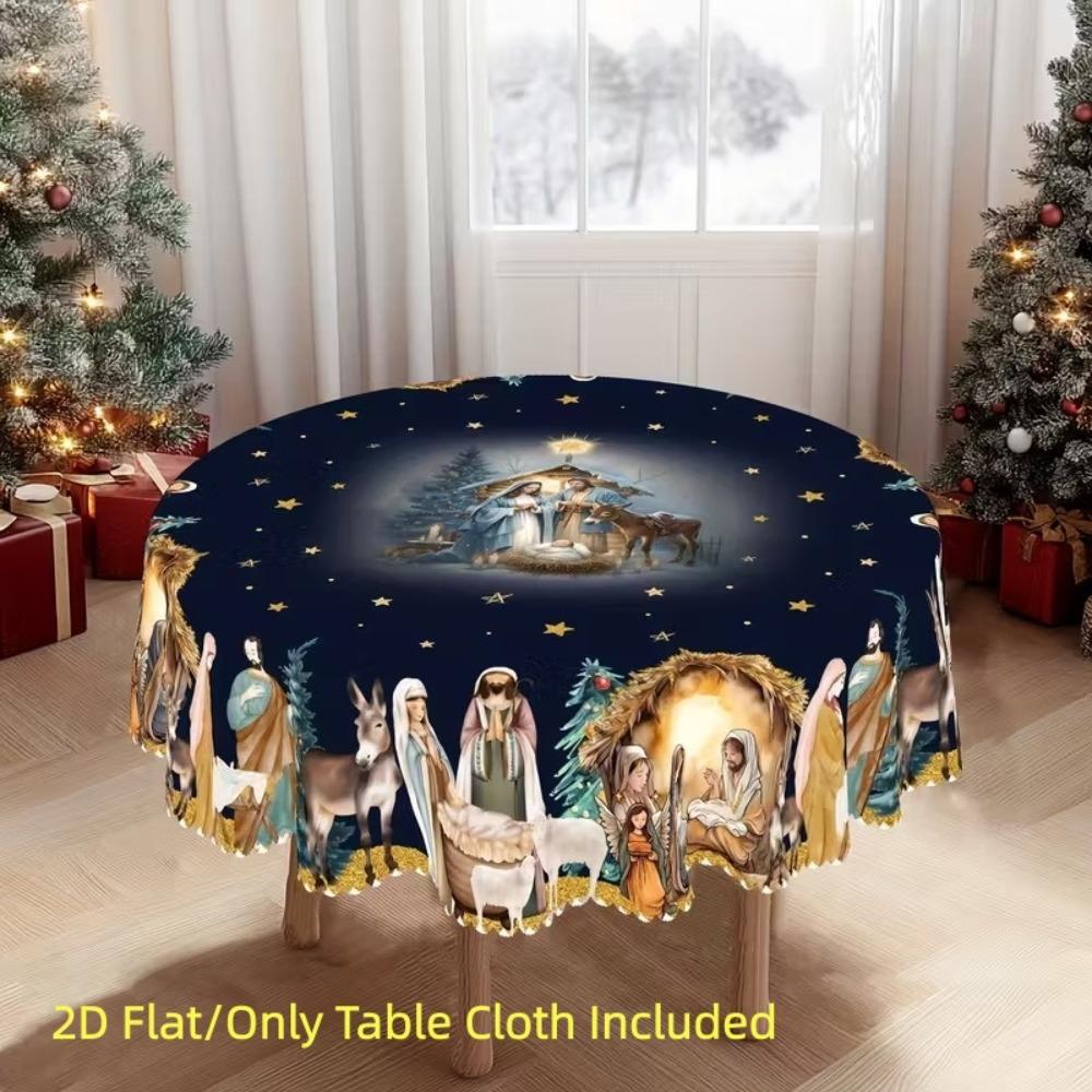 Waterproof 2D Flat Tablecloth Red Green Contrast Color Stain-resistant Christmas Round Tablecloth Non-slip Candy Stripe