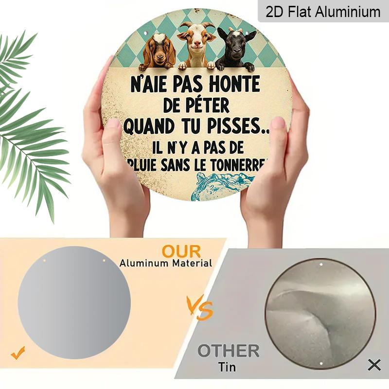 2D Flat, 1pc 7.87inch Round Aluminum Metal Sign, Funny French Quote with Cute Goats Design, Vintage Rustic Farmhouse Decor, Humorous Wall Art for