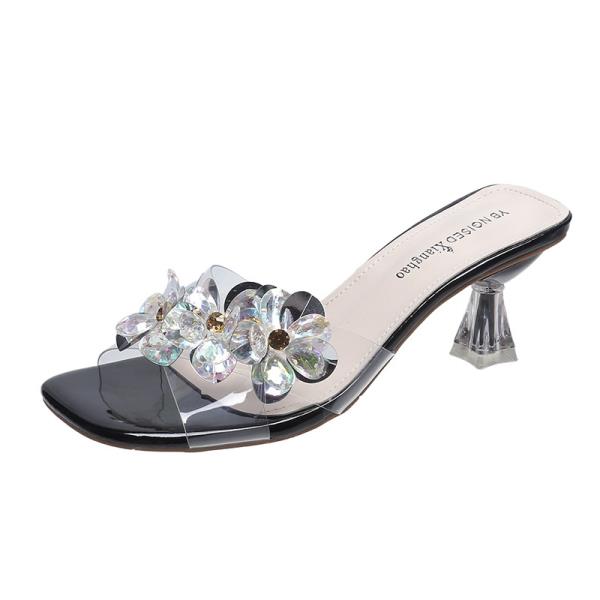 

Мода Тонкий Каблук Низкая Обувь Женщина 2025 Мюли на Каблуке Цветок Блестки Шлепанцы Женские Тапочки Мода Высокий Желе Новый Летний Римский Насос 35