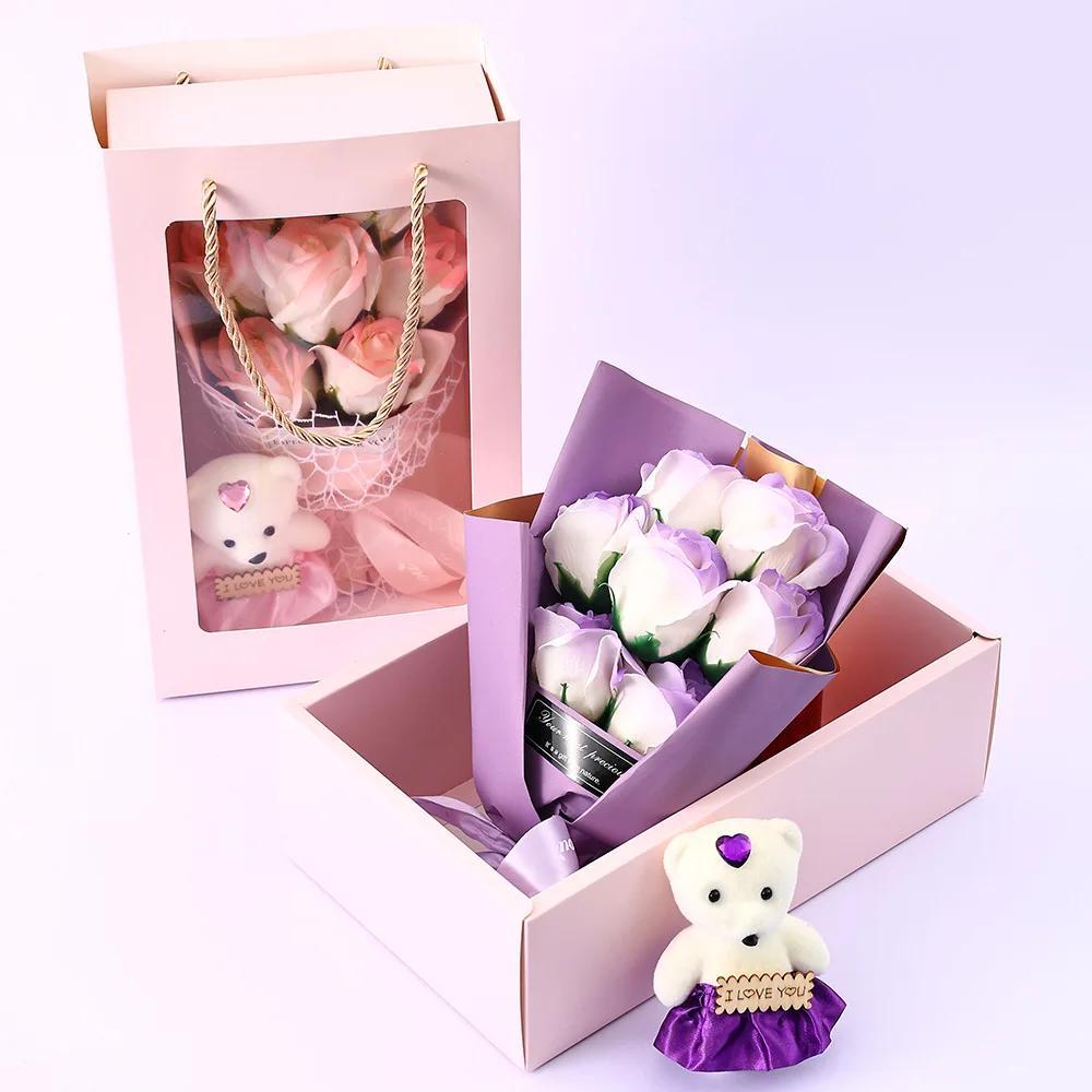 Valentine’s Day Mother’s Day Artificial Soap Rose Bouquet with Teddy Bear Gift Box Romantic Gift for Her Creative Home Decor