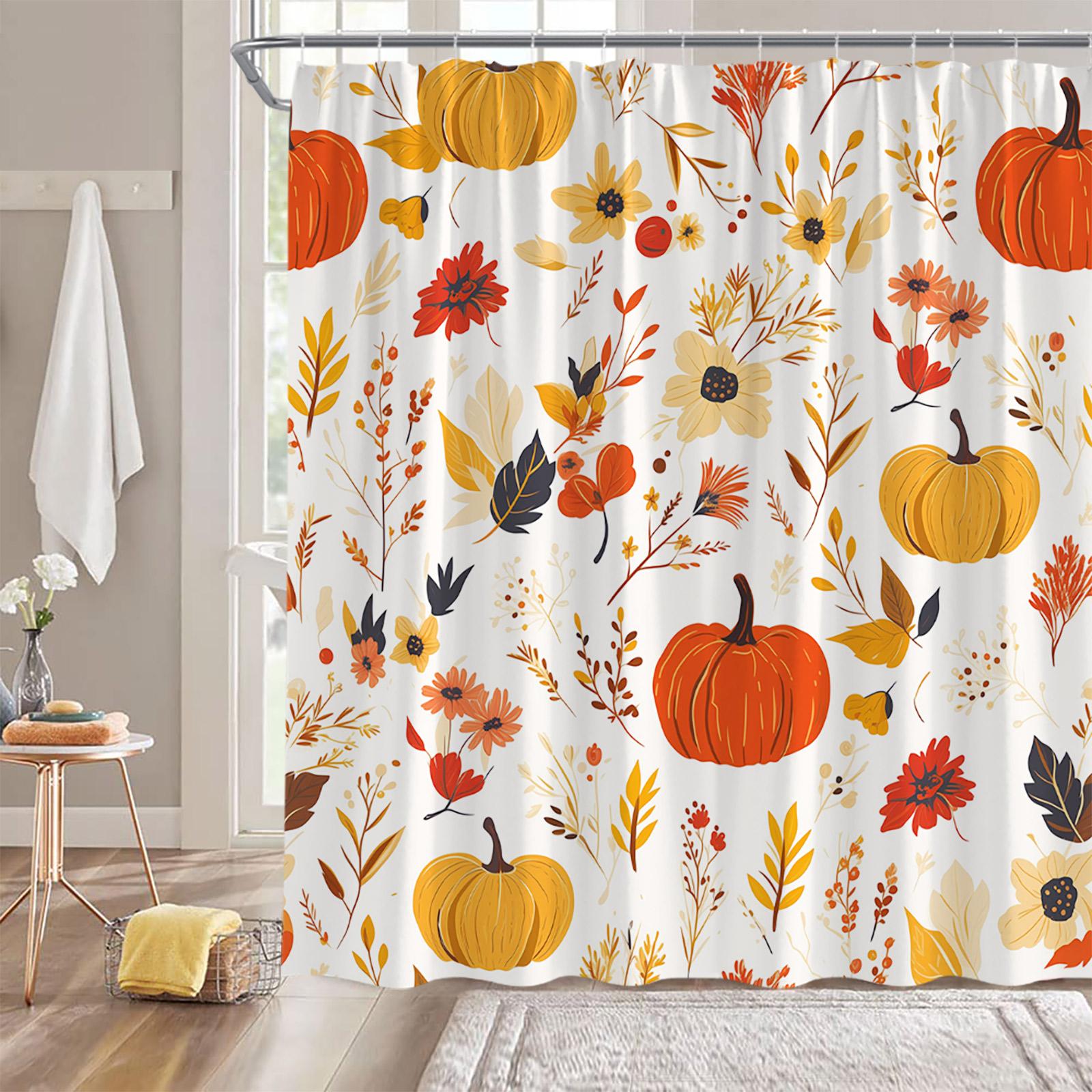 

Autumn Pumpkin Cartoon Print Shower Curtain Harvest Season Maple Falling Leaf Fall Scenery Bathroom Decor Nature Bath Curtain W60H190(CM)-1 Pcs