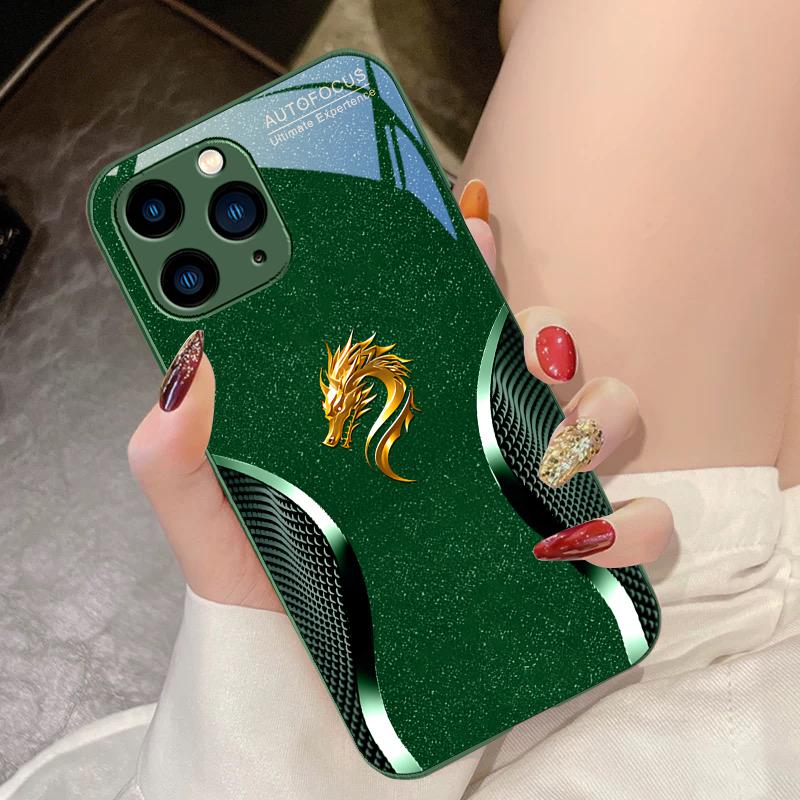 

Golden Dragon Head Green For IPhone 16 Pro Max 15 Pro 14 13 12 Mini 11 XS M Ax XR 7 8 Plu SE 2022 Tempered Glass Phone Case For iPhone 16 Pro