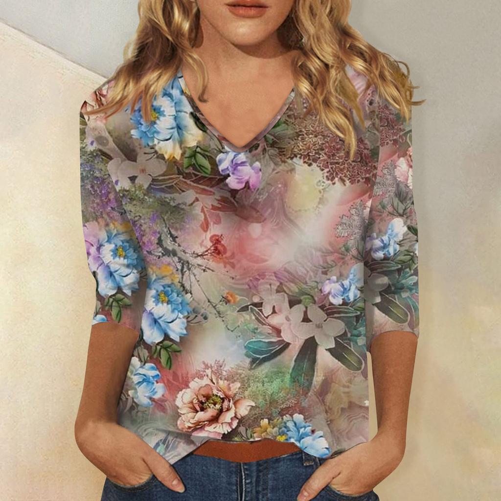 3/4 Sleeve Shirts For Women Cute Print Graphic Tees Blouses Casual Plus Size Basic Button Tops Pullover