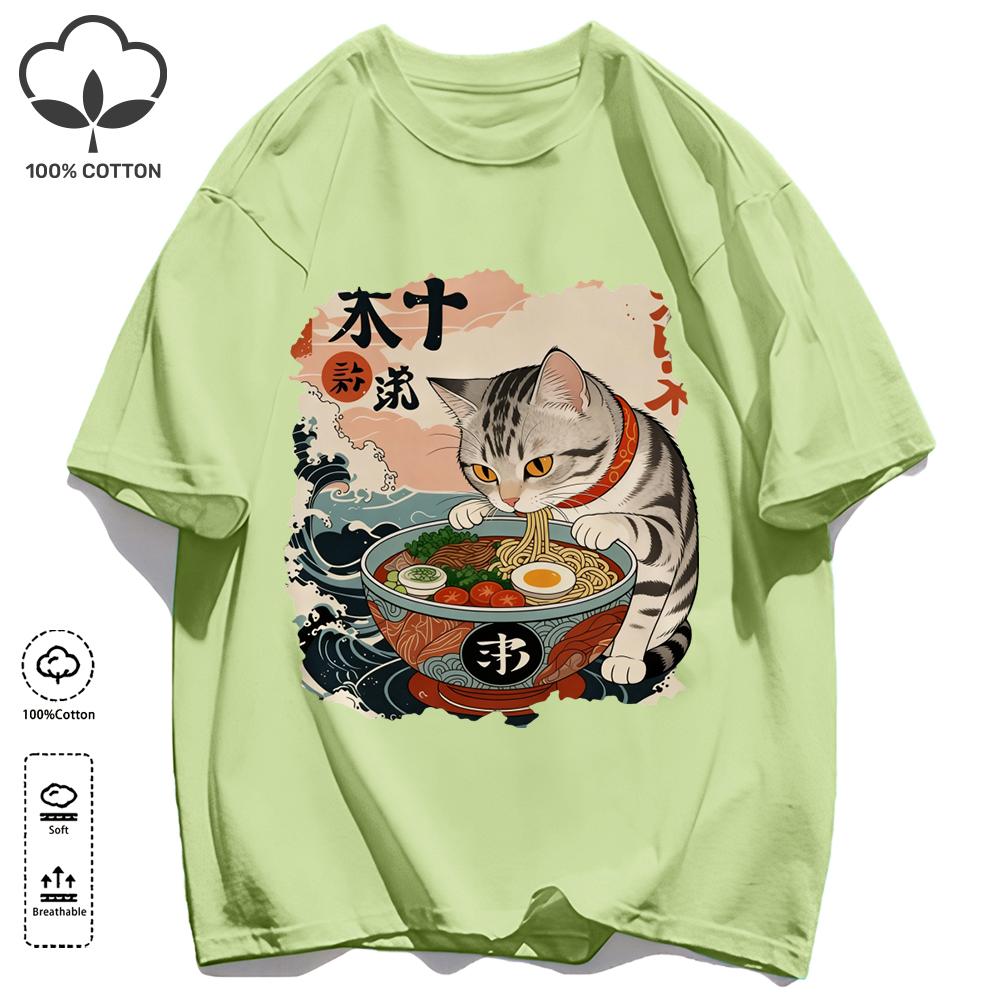 A Cat That Likes To Eat Noodles Print T Shirt Unisex Casual Loose Short Sleeve Summer Soft Clothing O-Neck Unisex Cotton Tee
