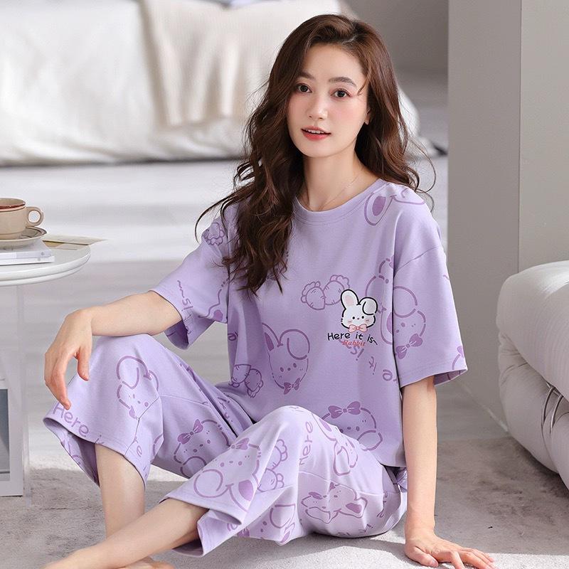 Women's Summer Korean Cartoon Pajama Set - Short-Sleeved Top with Seven-Point Pants