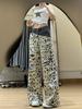 Women's Leopard Print Ripped Wide-Leg Jeans with Double Waistband - Slimming Patchwork Floor-Length for Early Autumn.