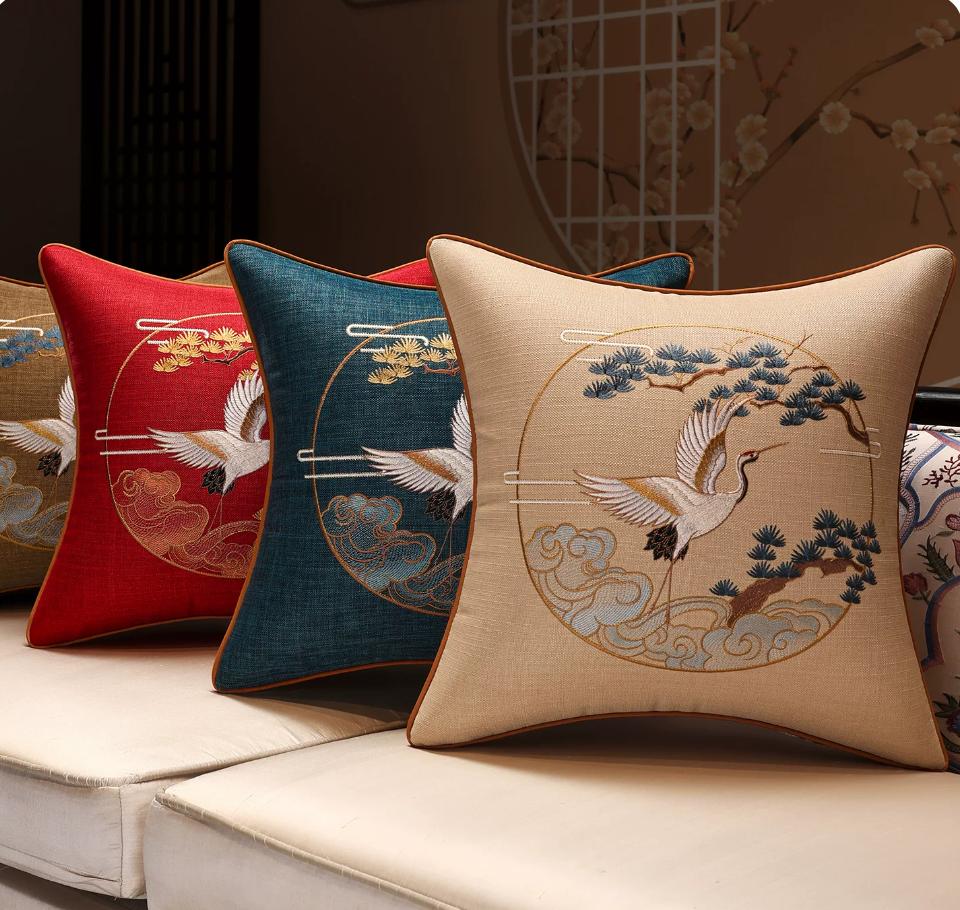Luxuriöse Leinenstruktur Chinesischer Stil Kissenbezug Feine Kranich Kiefer Stickerei Dekorative Wurfkissenhülle für Sofa Heimdekor