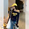 Slant Shoulder Off-the-shoulder Letter Print Long-sleeved T-shirt Women's Early Autumn New Pleated Slim-fit Design Shoulder Strap Top