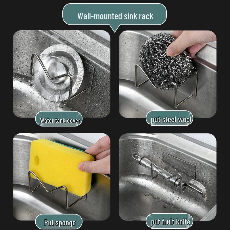 Stainless Steel Sponge & Scouring Pad Holder - Punch-Free Kitchen Draining Rack for Sponge, Spoon, and Shovel Storage