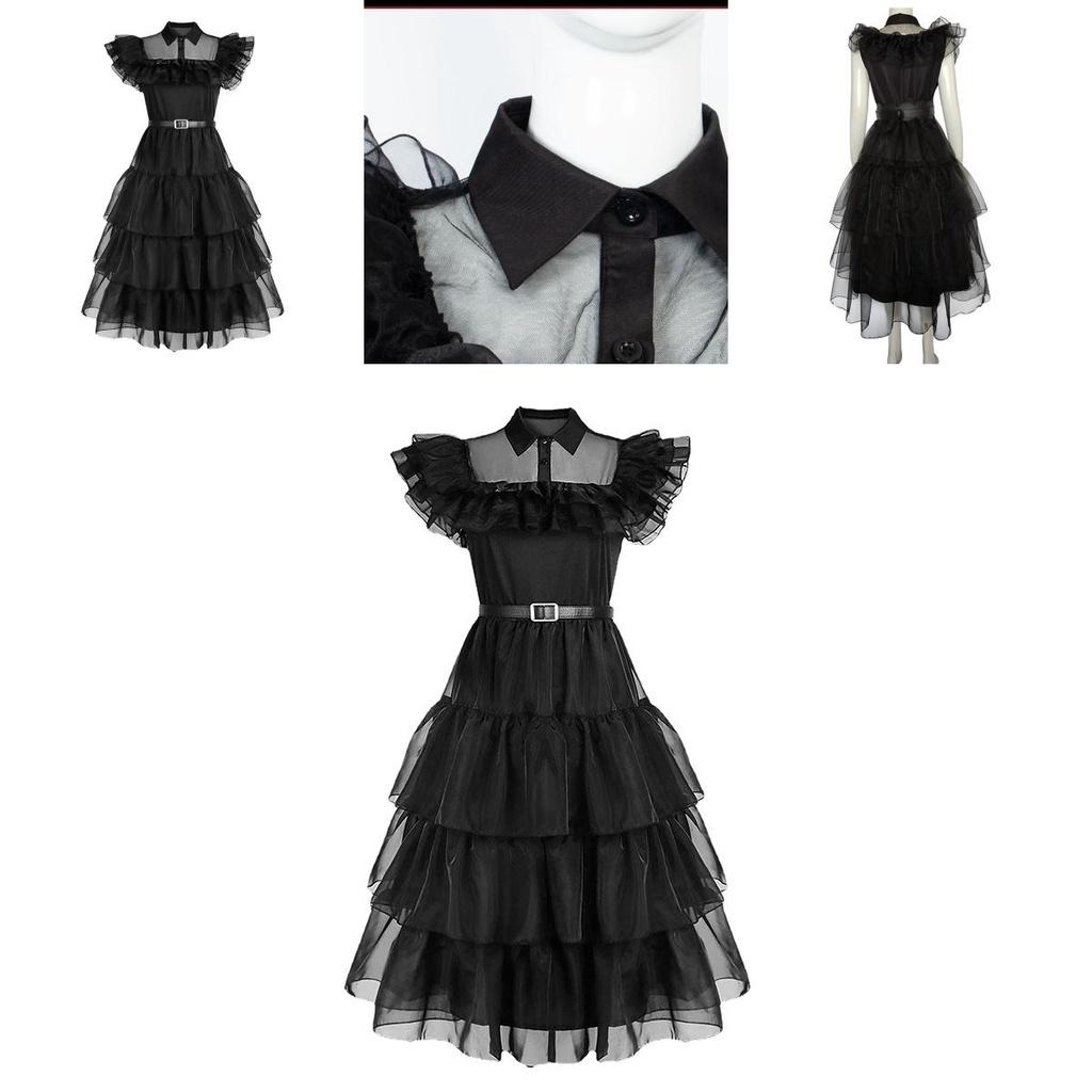Wednesday Addams Kids Dress Cosplay Costume Party A-shaped Tiered Skirt