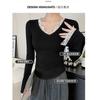 Lace Lace Spliced V-neck Long-sleeved T-shirt for Women's Spring and Summer New Slim Bottoming Shirt Korean Design Top