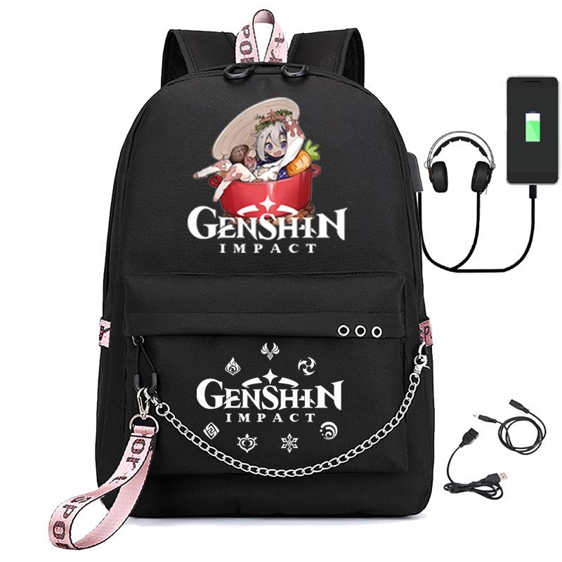 Harajuku Jugendliche Schultaschen Unisex Genshin Impact Reisetaschen USB-aufladbar Oxford Wasserdicht Notizbuch Schulterrucksäcke