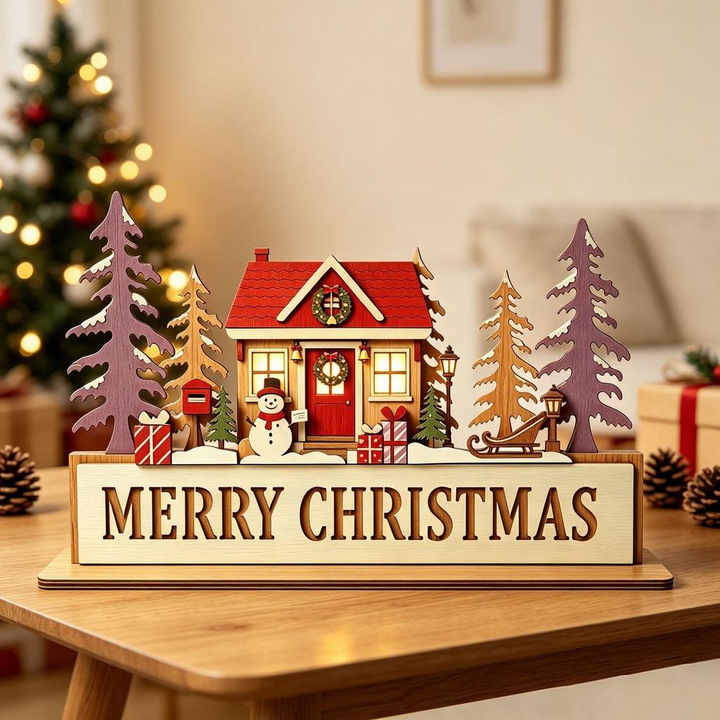 Santa Reindeer Desktop Ornament Wooden Christmas Houses Village Tabletop Decoration For Home Xmas 2026 2027 New Year Party Decor