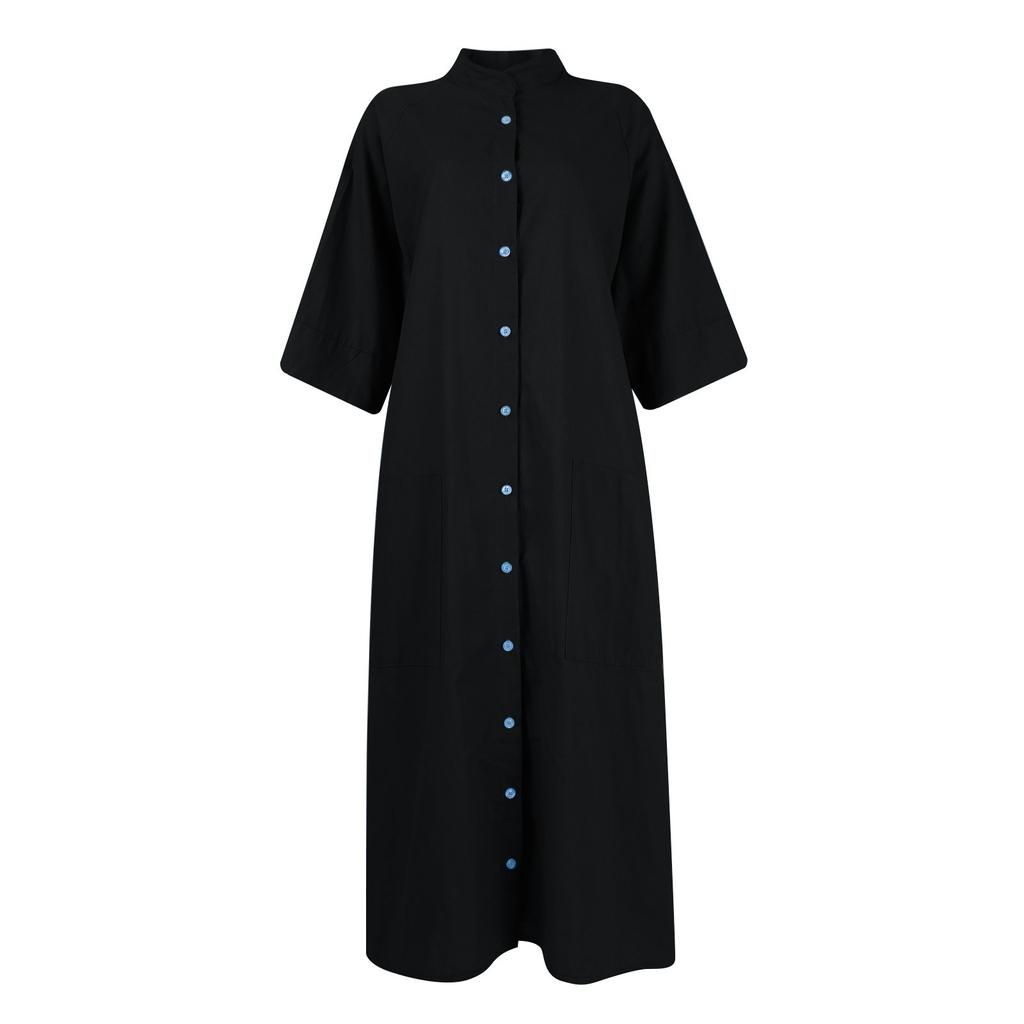 Women's Fashion Casual Button Cardigan Cotton And Linen Solid Color Dress With Pockets