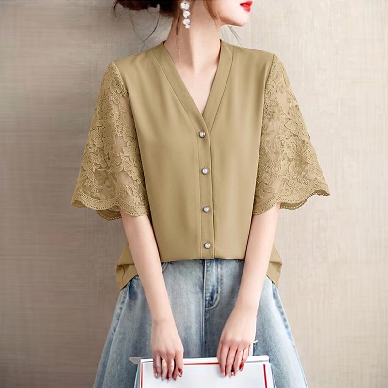 ZANZEA Women Lace Splice Half Sleeve Casual V-Neck Elegant Blouse