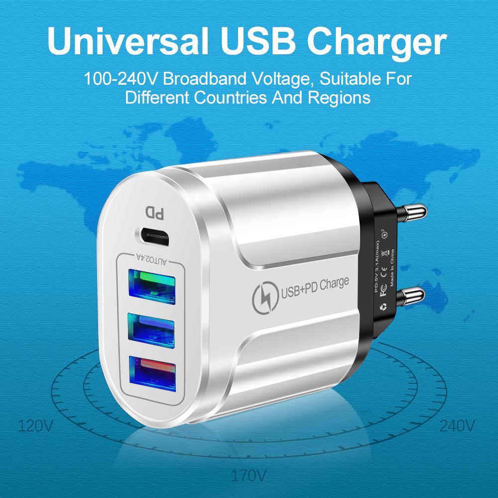 3-Port USB+Type-C Home & Travel Charger, EU/UK Standard, 5V/2.4A