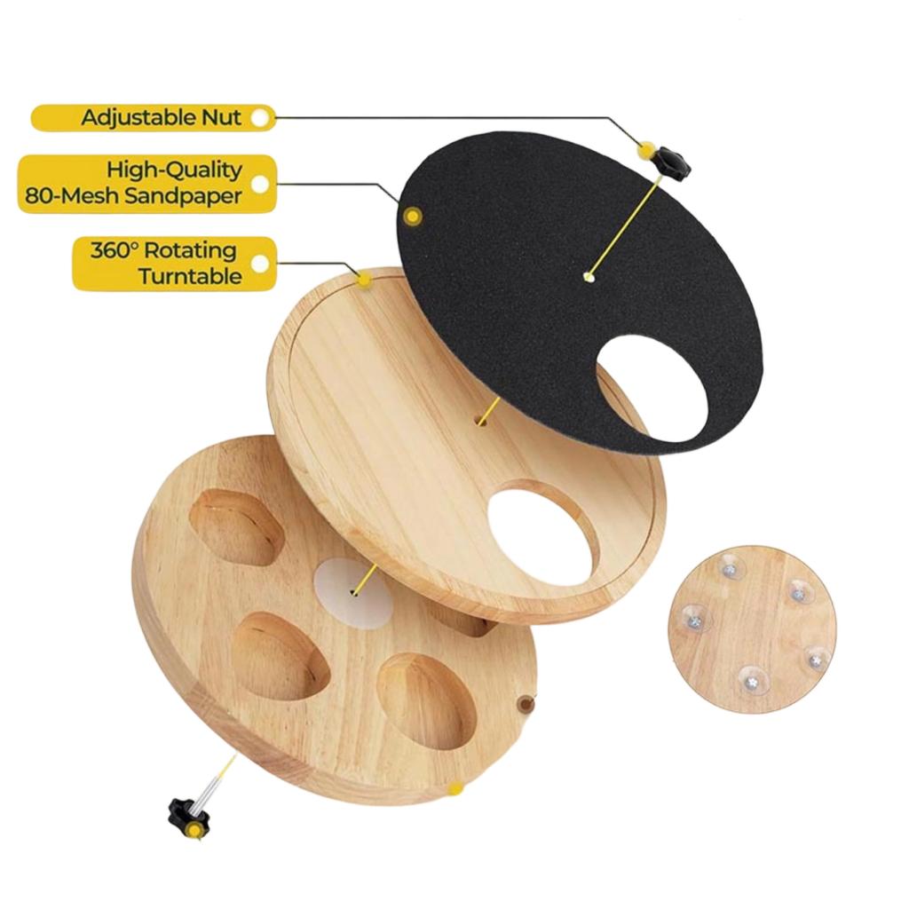 Wooden Dog Nail Filing Board with Rotating Circular Design and Integrated Food Dispenser for Interactive Pet Grooming and Feeding
