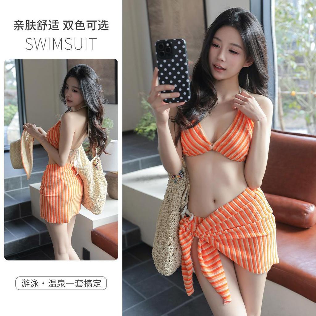 Orange Striped Neck Strap Bikini Swimsuit Women's Three-piece Set, Korean Ins Hot Spring Sexy Babes Vacation