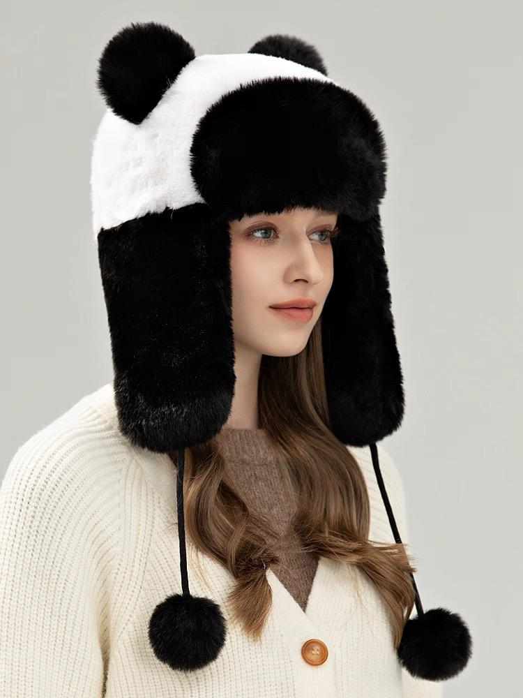 Women's Cute Ear Bucket Winter Warm Hat with Panda Color Faux Rex Rabbit Fur Casual Character Style for Girls Adults