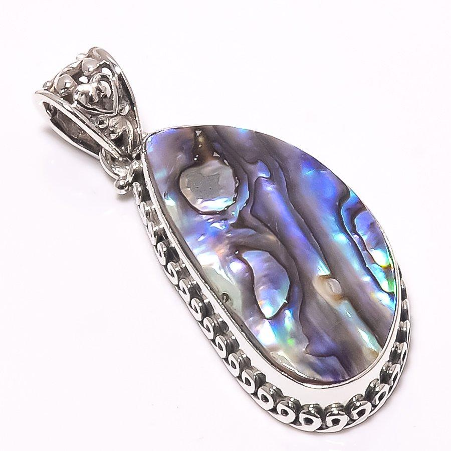 Natural Abalone Shell Gemstone 925 Solid Sterling Silver Gift Pendant 1.65" J0n07