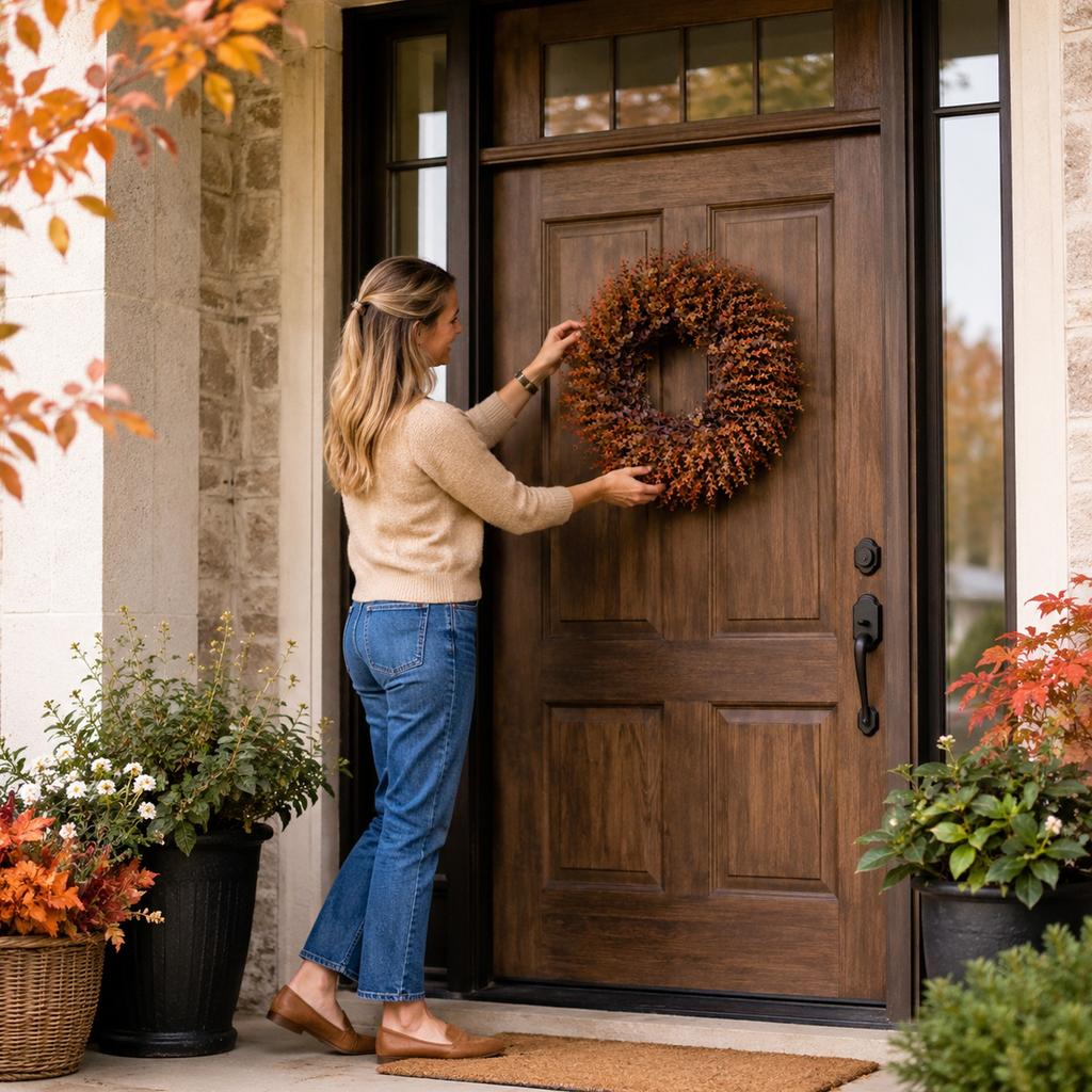 Couronne de Thanksgiving avec Feuilles de Buis pour Porte d'Entrée Décoration de Maison