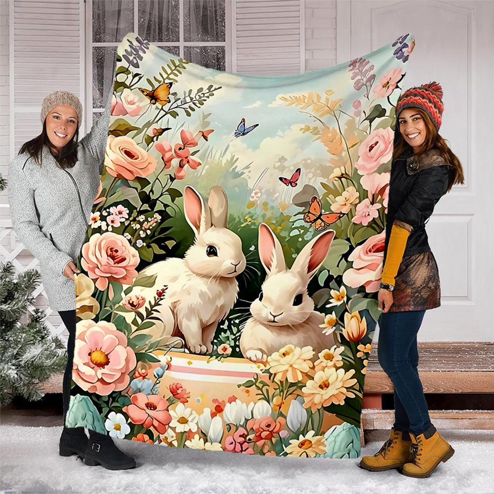 1pc Easter Bunnies Outdoor Blanket - Soft Flannel Cozy for Travel & Camping - All-Season Warm Bed Cover, Machine Washable yy251229064