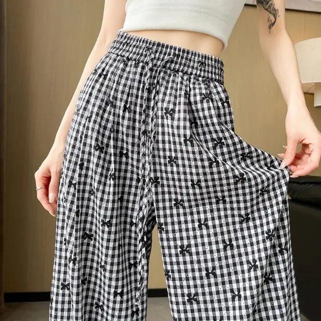 Retro Plaid Bow Printed Casual Pants for Women In Summer New High-waisted Slimming Wide-leg Women's Pants
