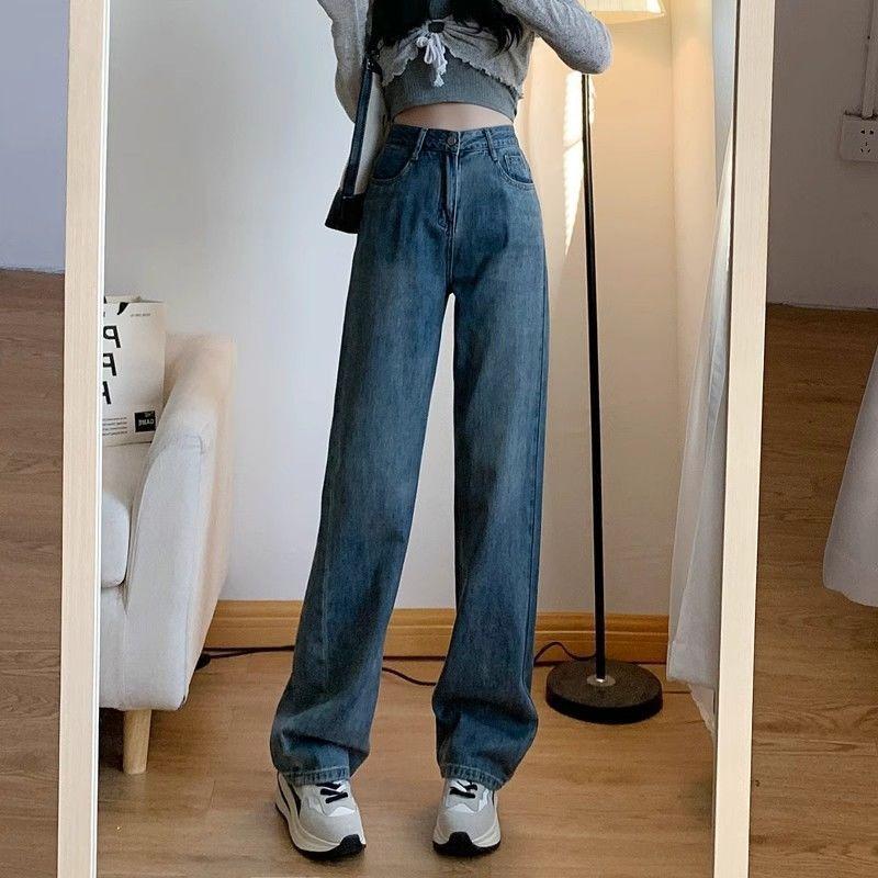 Retro Blue Narrow Wide-leg Jeans Female Summer Student New High-waisted Loose Straight Tall Mopping Pants