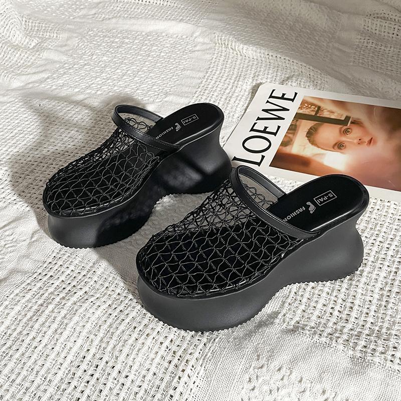Fashion High-Heeled Shoes Lady Womens Slippers Outdoor On A Wedge Cover Toe Slides Platform Pantofle Fretwork Summer 2025 Female Shoes C