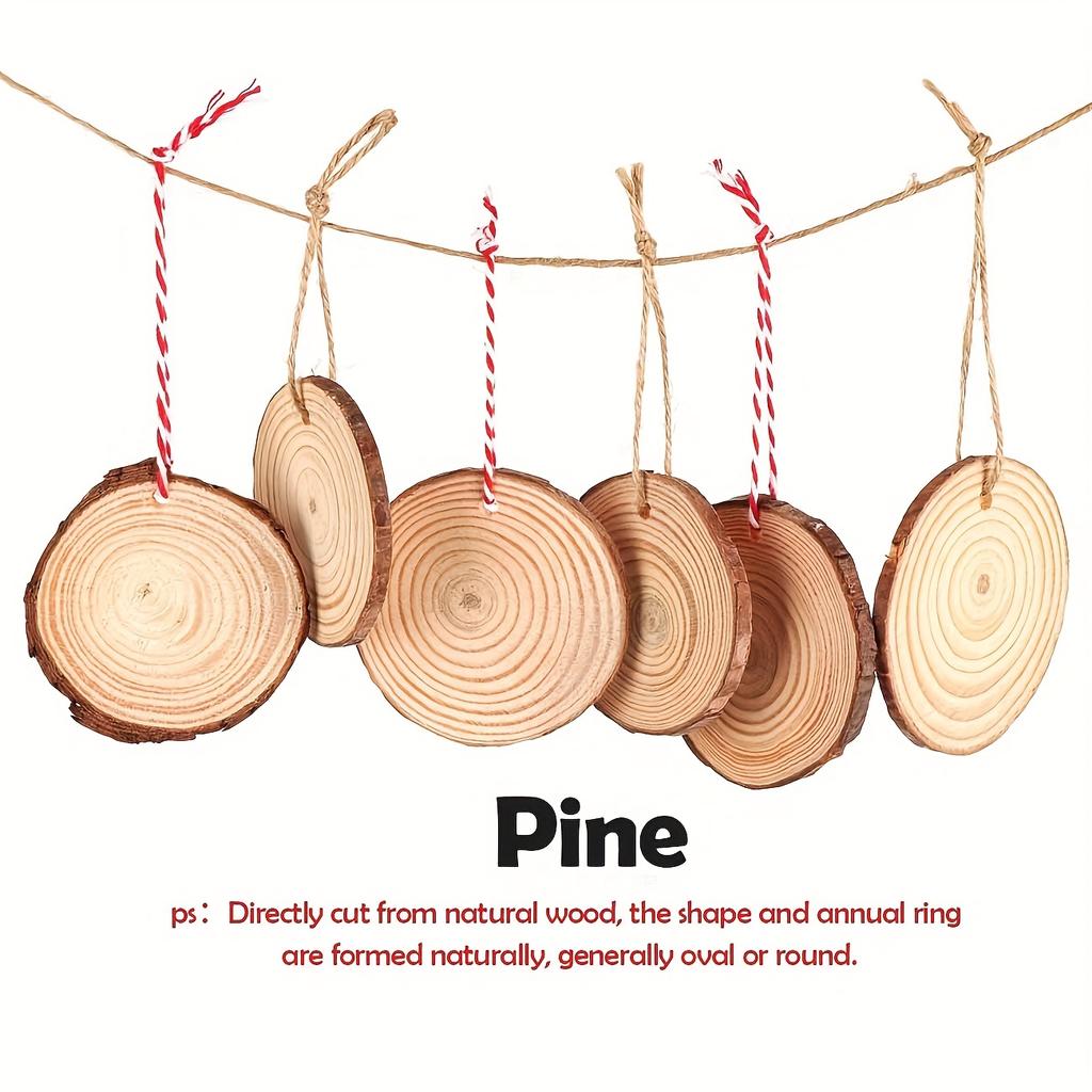 30 Stück Holzspäne 2,4"-2,8" unbearbeitetes Naturholz, rund, mit vorgebohrtem und 66 Fuß langem Hanfseil, Holzspäne für Heimwerkerarbeiten