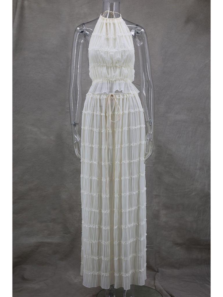 2024 Spring/Summer European & American Fashion Backless Halter Lace Ruffle Maxi Dress Set