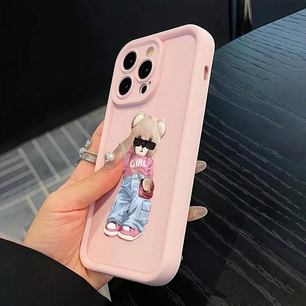 For iPhone 17 16 15 14 13 12 11 Pro Max Case Cute and Stylish Pink Bear Design Cover For iPhone XS Max XR X 7 8 Plus 16E Fundas