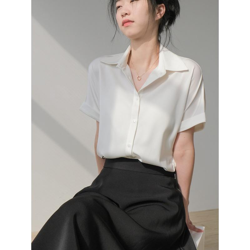 Summer Thin Satin Drape Short-sleeved Shirt Female Small Loose Versatile Design Blouse Tops
