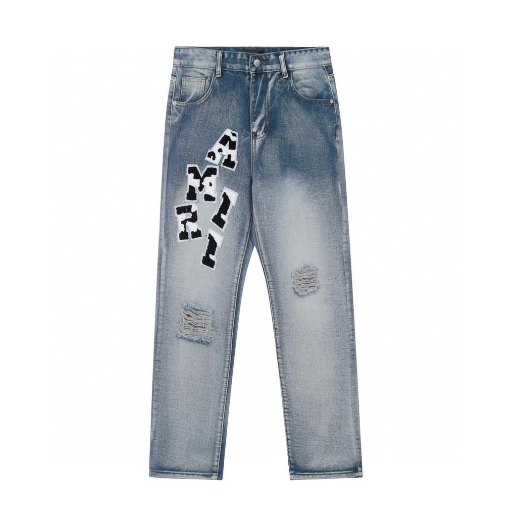 M41 Amiri Herren- und Damenjeans im amerikanischen Stil, trendig mit Stoffaufnähern, Löchern, Stickereien, lässige und modische High-Street-Hose