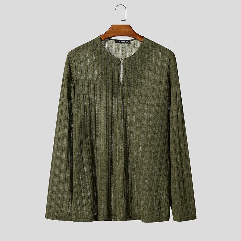 INCERUN Men Crew Neck Long Sleeve Semi-Sheer Thin Casual Tops T-shirts