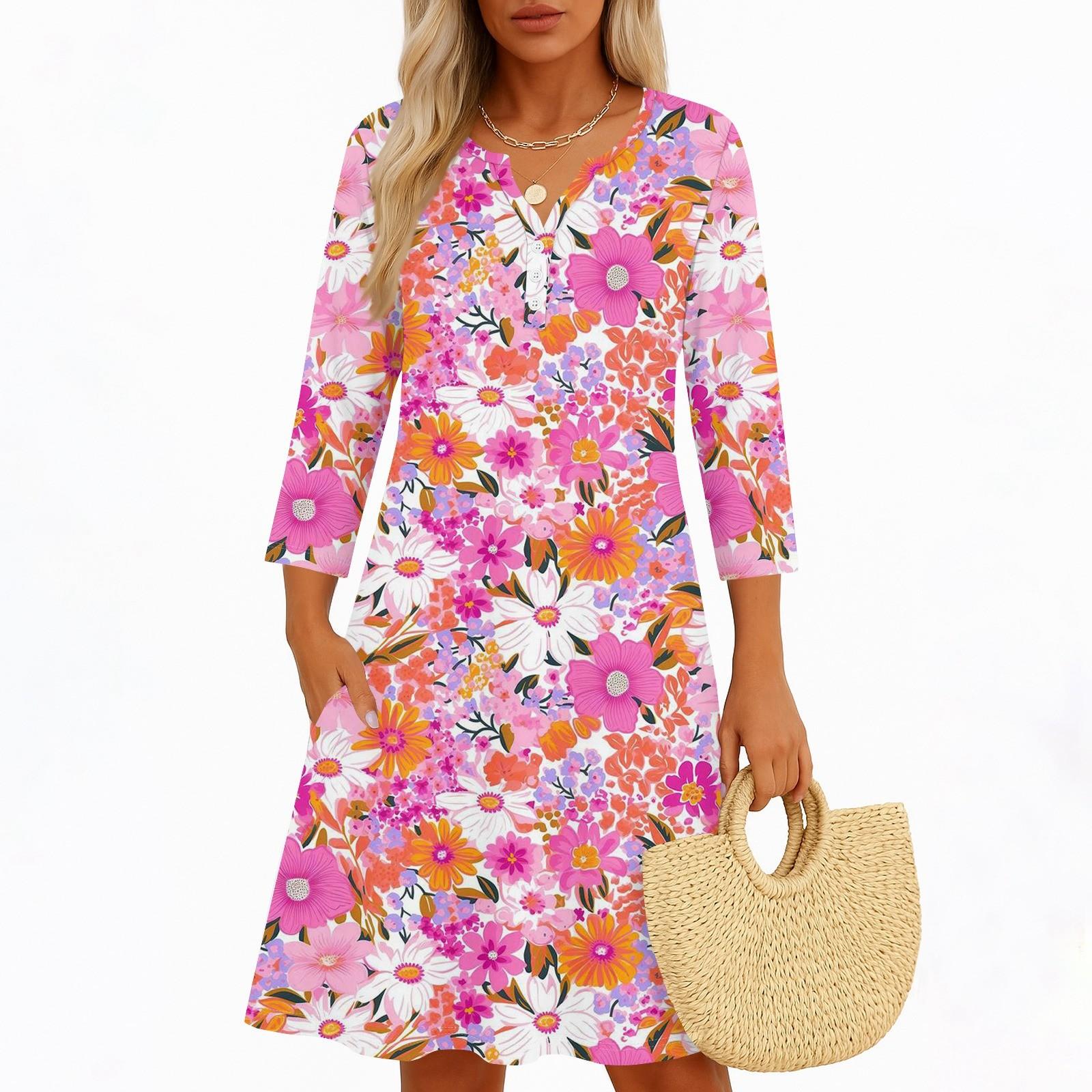 

Сукні Для Жінок Весняні Сарафани Жіноча Повсякденна Сукня з Рукавом 3/4 V-подібний Виріз Бохо Сукня з Квітковим Принтом S рожевий