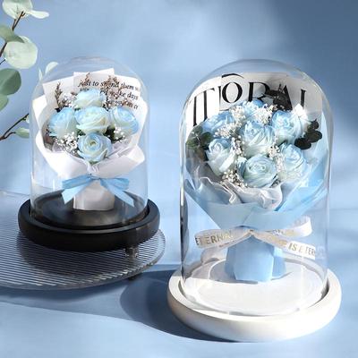 Eternal Ice Blue Rose & Baby's Breath Bouquet - Soap Flower Gift for Girlfriend