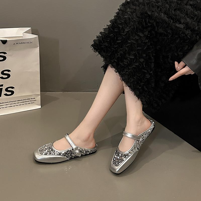 French Glitter Silver Headband Half Slippers Summer Style Mary Jane Flat Shoes Women Slides Women Luxury Zapatos De Mujer Mules