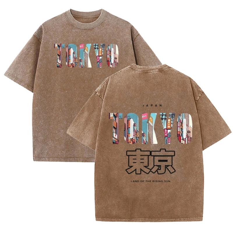 Retro Tokyo Cityscape T Shirt Men Women Casual Washed Cotton Short Sleeve Top