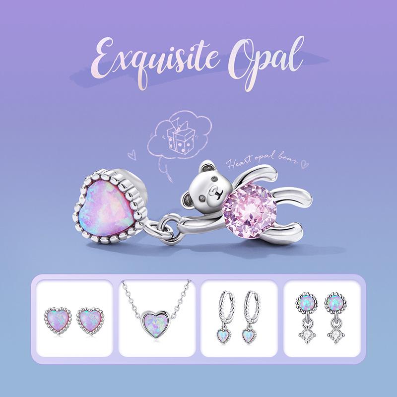 Everlove Care Bear Sterling Silver S925 Heart-Shaped Pink Zircon Opal Stud Earrings & Pendant Necklace Set.