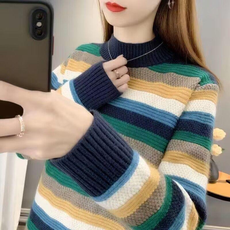 Sweater for Women  Winter Thickened Pullover Warm Knitted Stretchy Pinstripe Long Sleeve Oversize Jumper Tops