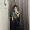 Green Cotton and Linen Front Shoulder Short-sleeved Shirt Women's Summer Thin Feel Super Good-looking Linen Shirt Polo Collar Top
