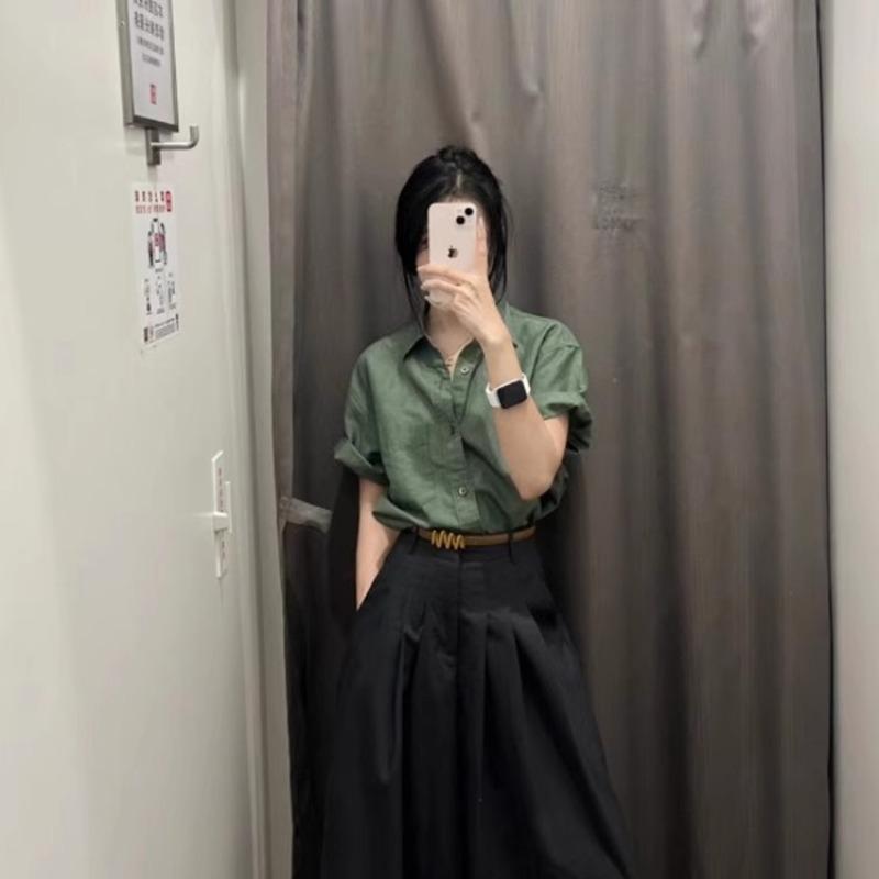 Green Cotton and Linen Front Shoulder Short-sleeved Shirt Women's Summer Thin Feel Super Good-looking Linen Shirt Polo Collar Top